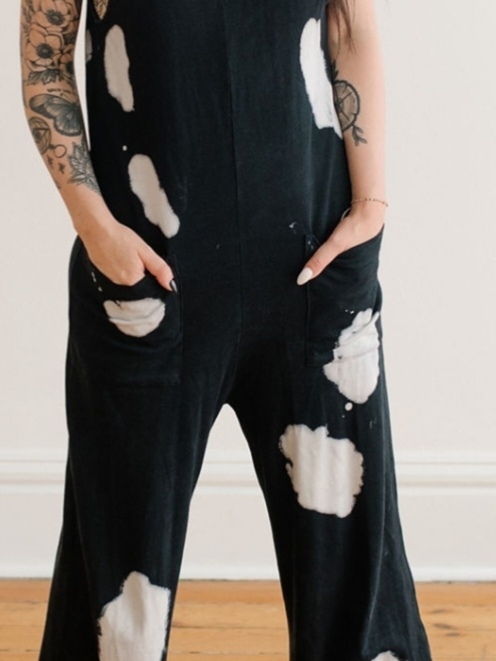 Back Beat Co. Black Jumpsuit with White Tie-Dye Patches